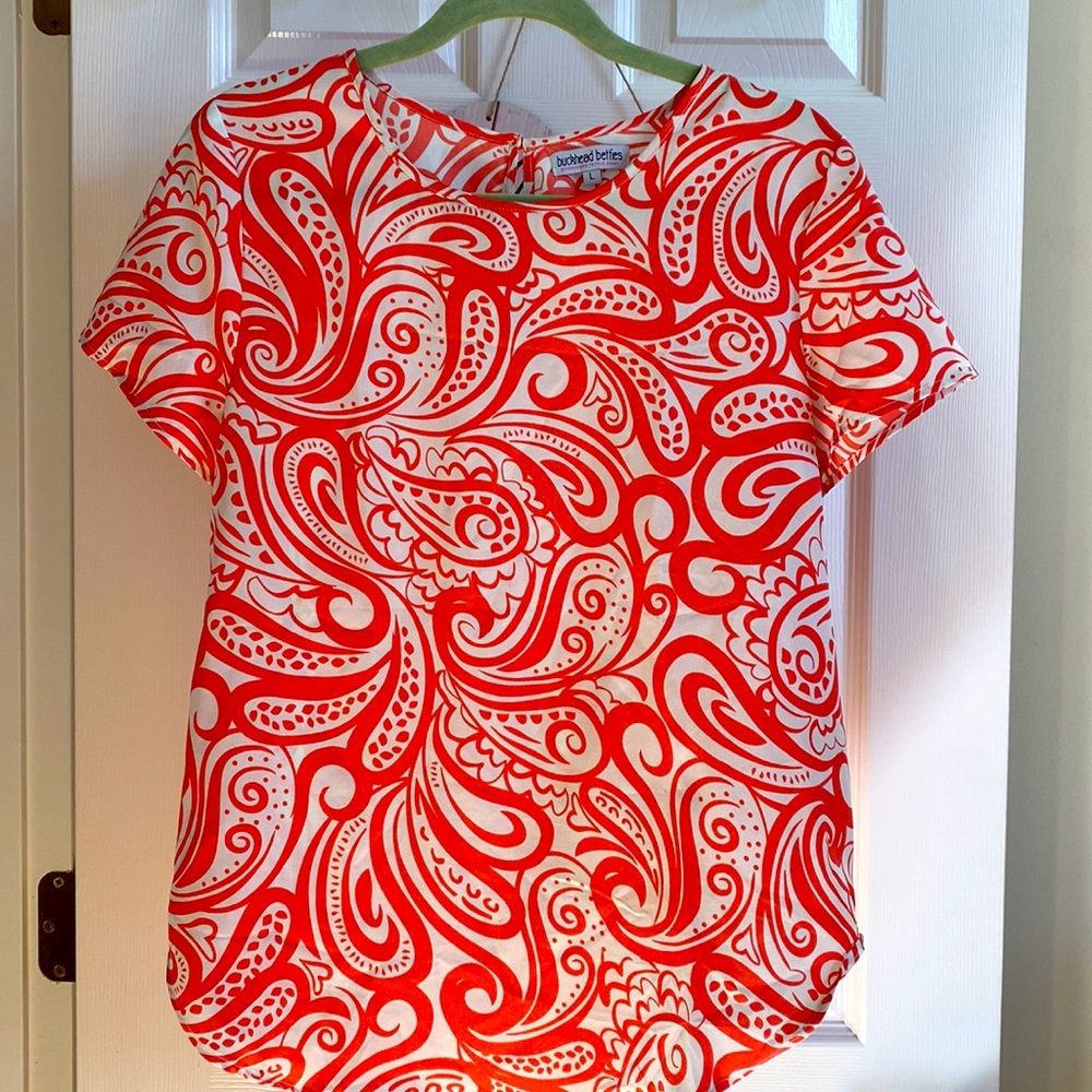 Buckhead Betties Top- French Bliss Coral and white swirl short sleeve top